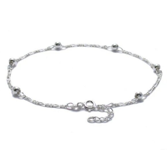 CLASSIC STERLING SILVER 9"-10" ADJUSTABLE BEADED FIGARO CHAIN ANKLE BRACELET. - Picture 2 of 3
